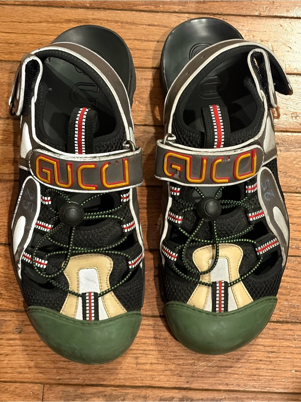 Gucci Tinsel Sports Sandals Men's 10 Black/Green Leather Hook & Loop Logo